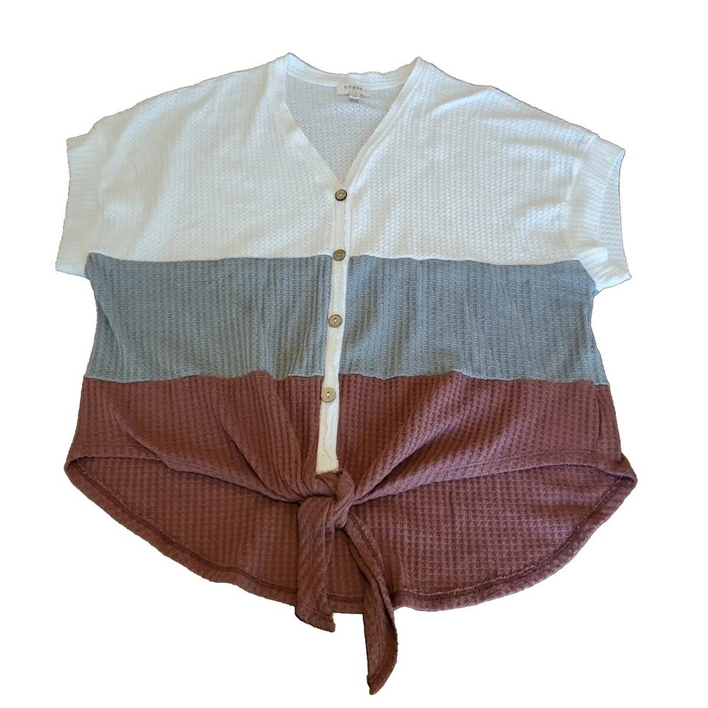 Umgee Front Tie Waffle Knit Colorblock Top, Size S, Oversized, Short-Sleeve